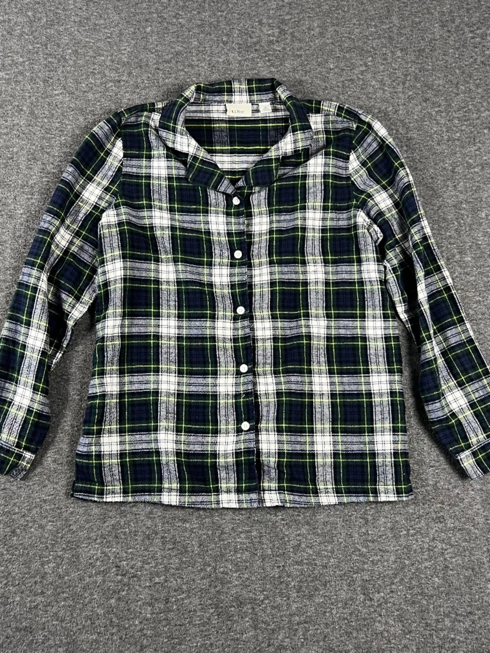 LL Bean Flannel Pajama Button Up Shirt Men's Small Green White Tartan Plaid